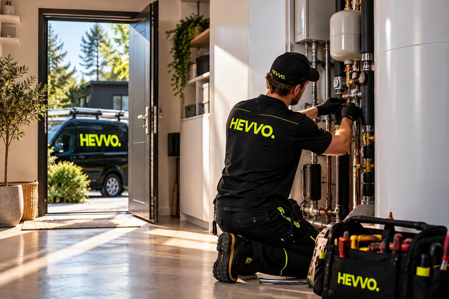 HEVVO-tekniker arbetar vid varmvattenberedare i ett teknikrum