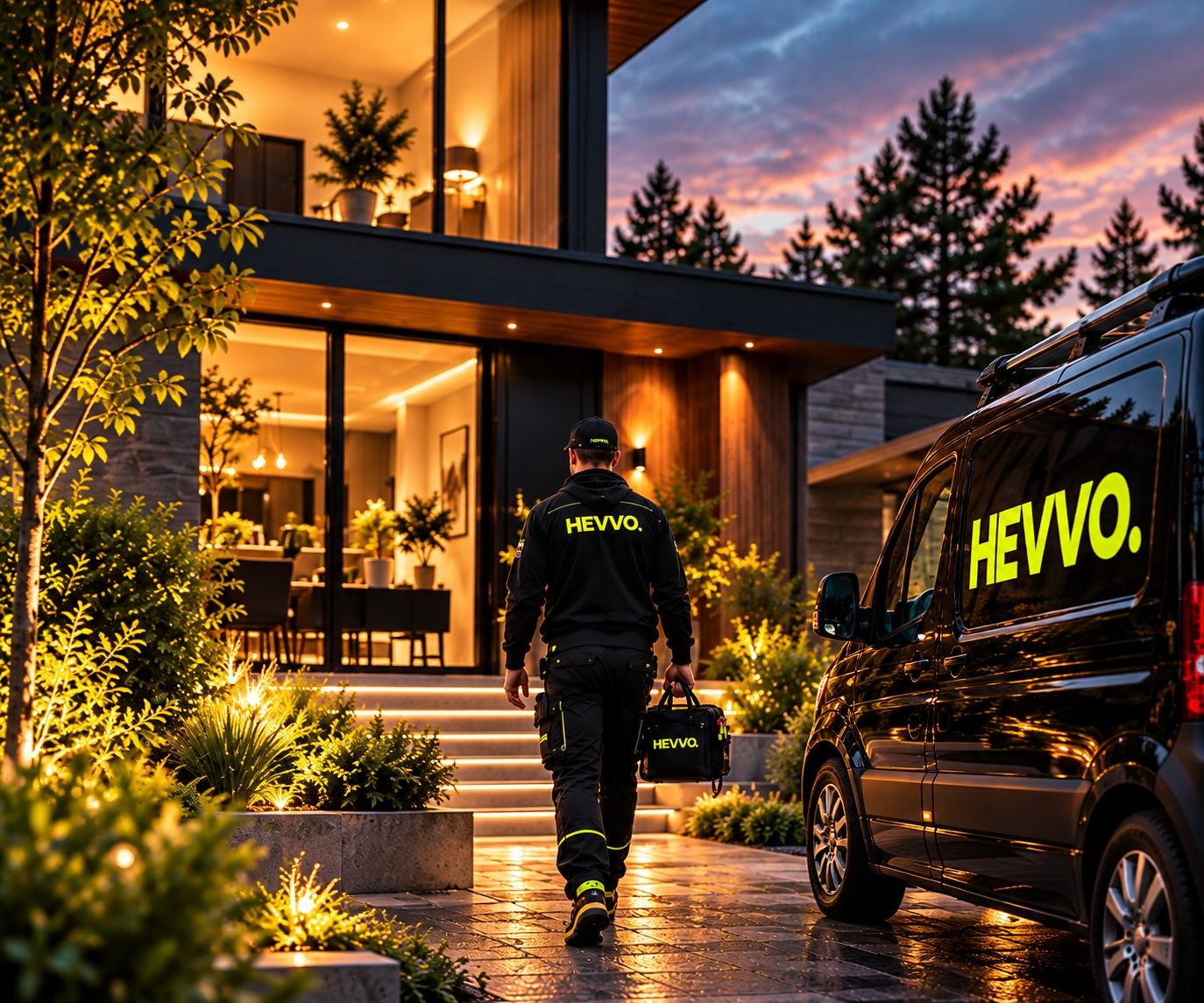 HEVVO-tekniker på väg in till ett hem i kvällsljus, med HEVVO-bilen parkerad utanför