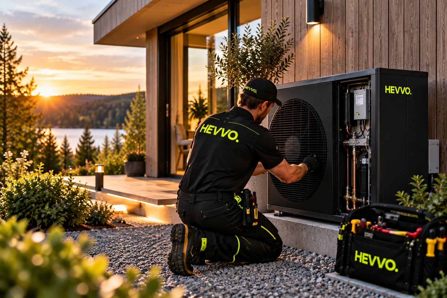 HEVVO-tekniker servar en värmepump utomhus