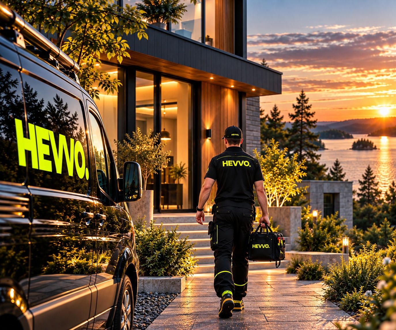 HEVVO-bilen parkerad vid ett hus vid sjön i solnedgång