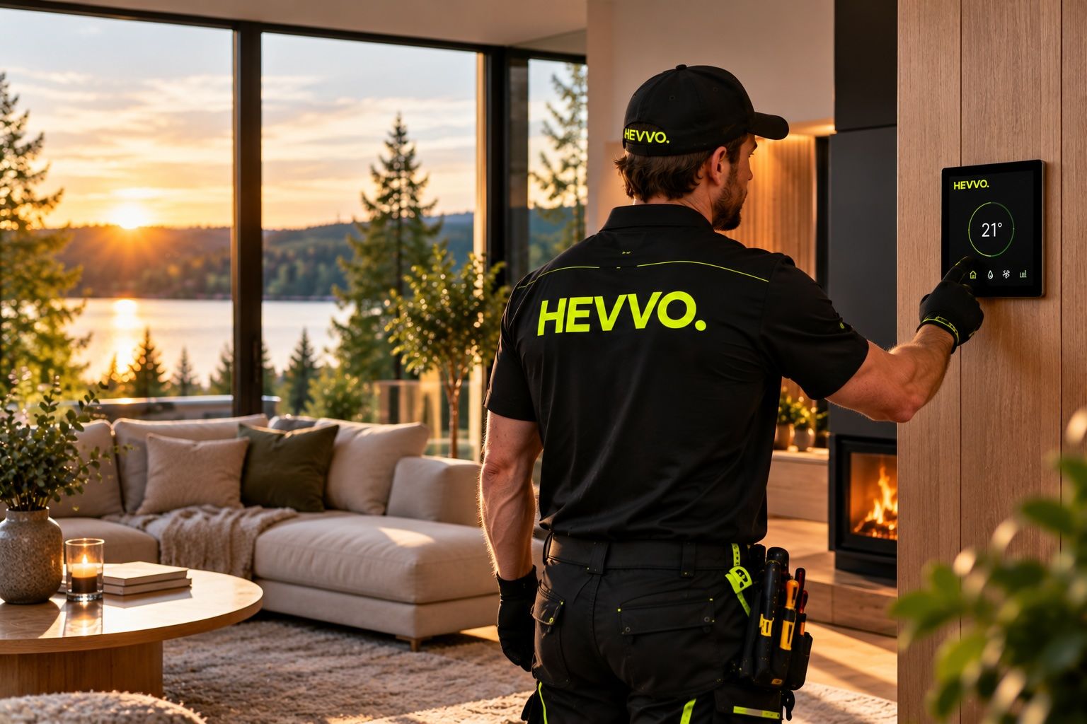 HEVVO-tekniker ställer in en termostat i ett vardagsrum