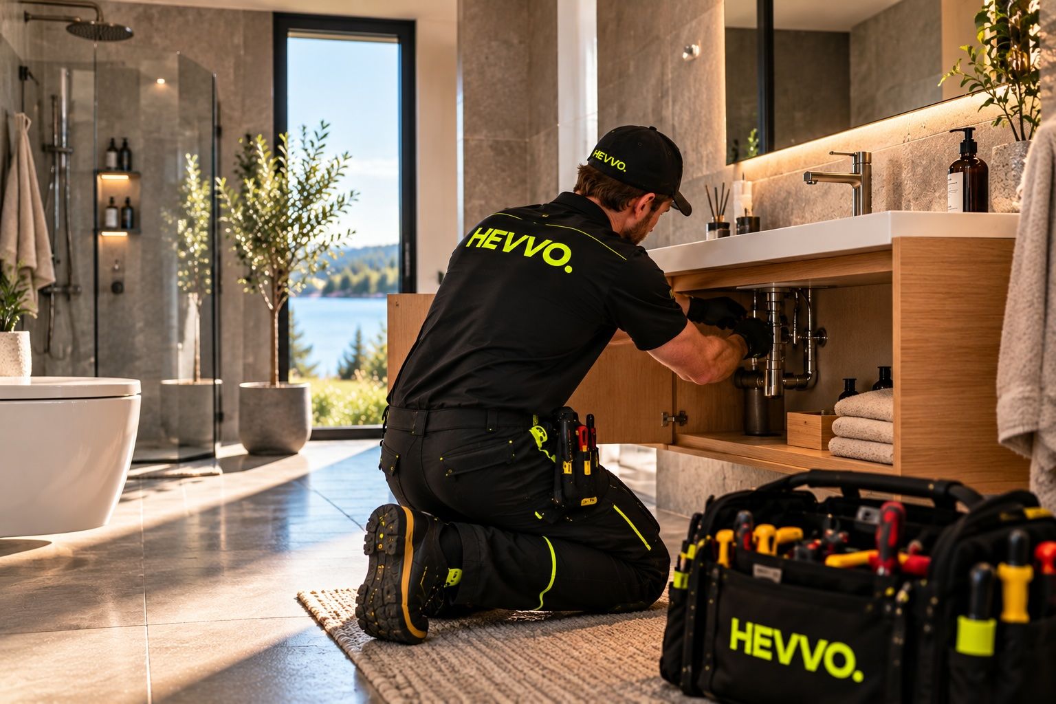 HEVVO-tekniker monterar i ett badrum